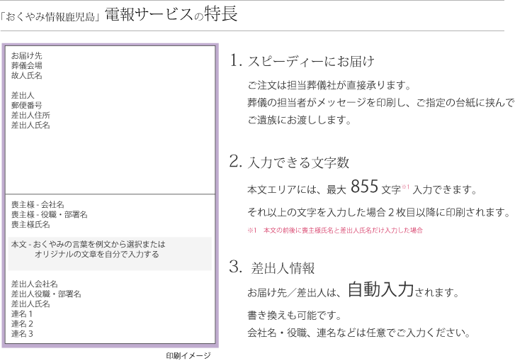 「おくやみ情報鹿児島」弔電サービス特長